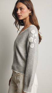 Embroidered Flower V-Neck Sweater
