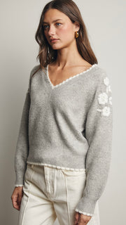 Embroidered Flower V-Neck Sweater