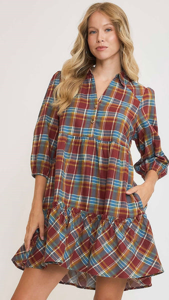 Cotton Plaid Flannel Ruffle Hem Dress
