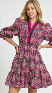 Medallion Print Ruffle Neck Dress