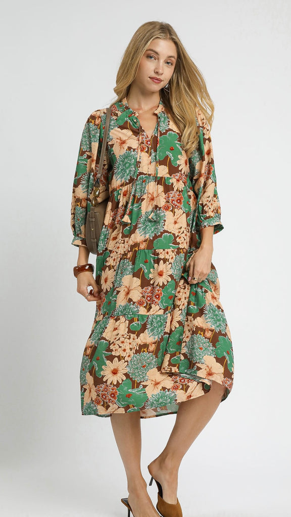 Mixed Floral Smock Shoulder Midi Dress