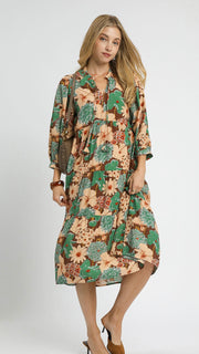 Mixed Floral Smock Shoulder Midi Dress