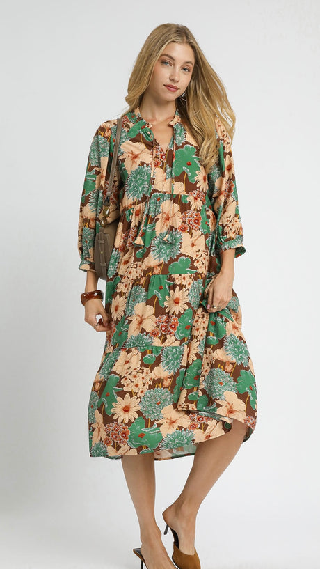 Mixed Floral Smock Shoulder Midi Dress