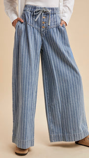 Striped Pintuck Wide Leg Jeans