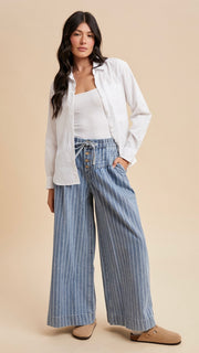Striped Pintuck Wide Leg Jeans