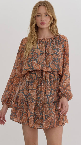 Paisley Chiffon Bubble Sleeve Dress