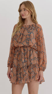 Paisley Chiffon Bubble Sleeve Dress