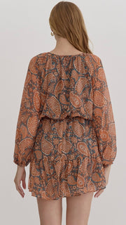 Paisley Chiffon Bubble Sleeve Dress