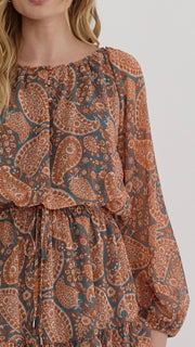 Paisley Chiffon Bubble Sleeve Dress