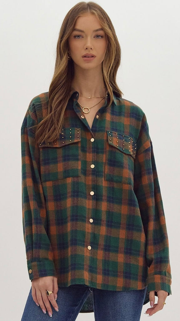 Studded Pkt Plaid Flannel Top