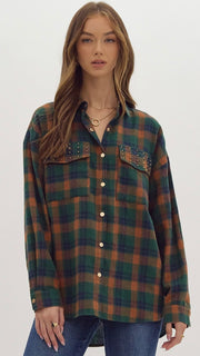 Studded Pkt Plaid Flannel Top