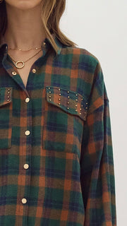 Studded Pkt Plaid Flannel Top
