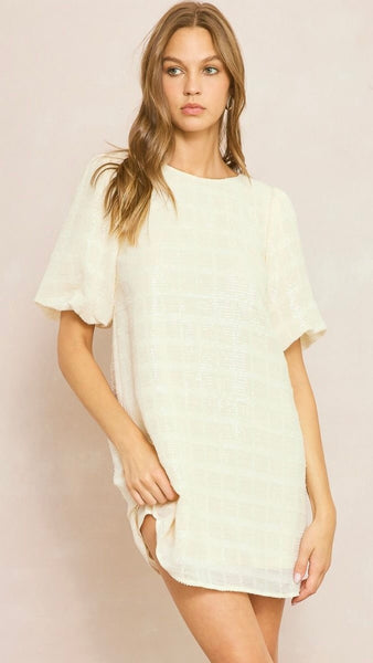 Sequin Grid Bubble Sleeve Dress