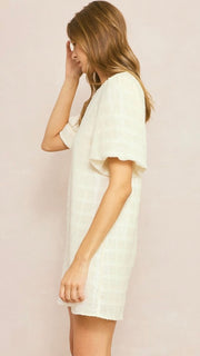 Sequin Grid Bubble Sleeve Dress