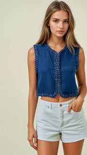 Braided Trim Cotton Denim Vest