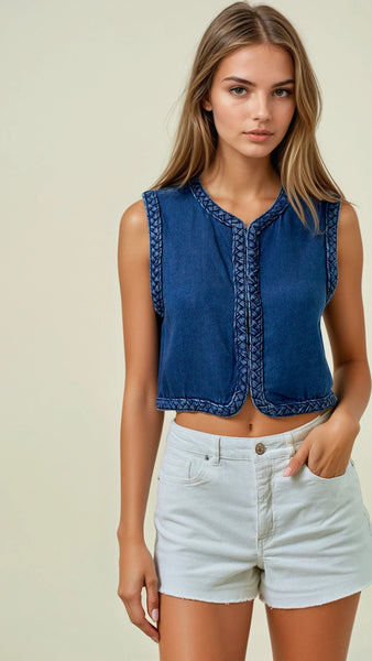 Braided Trim Cotton Denim Vest