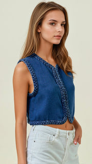 Braided Trim Cotton Denim Vest