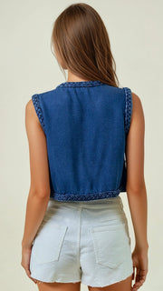 Braided Trim Cotton Denim Vest
