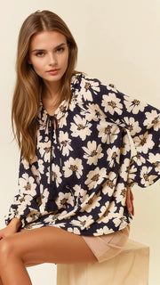 Dot Floral Ruffle Collar L/S Top