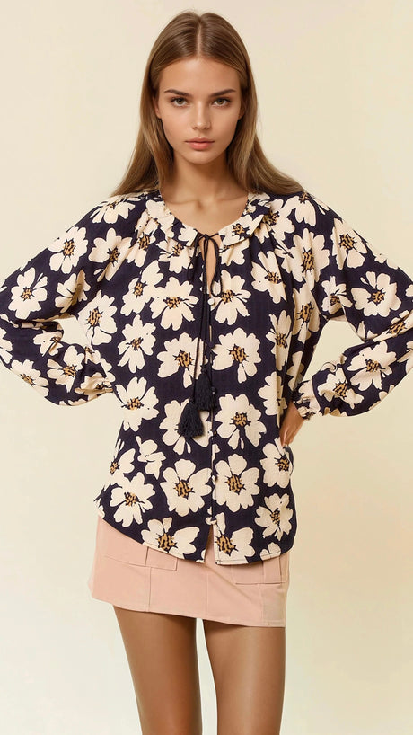Dot Floral Ruffle Collar L/S Top