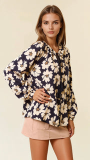 Dot Floral Ruffle Collar L/S Top