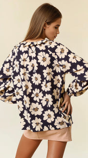 Dot Floral Ruffle Collar L/S Top