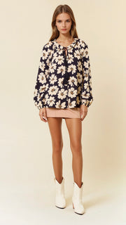 Dot Floral Ruffle Collar L/S Top
