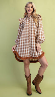 Plaid Ruffle Hem+Shoulder Dress