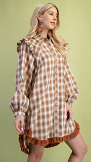 Plaid Ruffle Hem+Shoulder Dress