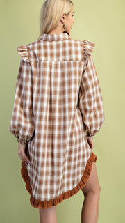 Plaid Ruffle Hem+Shoulder Dress