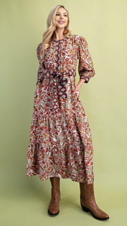 Mixed Floral Contrast Trim Midi Dress