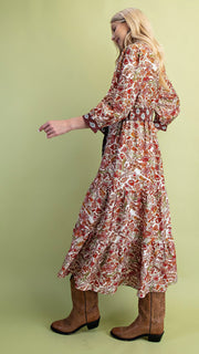 Mixed Floral Contrast Trim Midi Dress