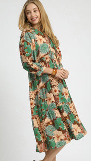 Mixed Floral Smock Shoulder Midi Dress