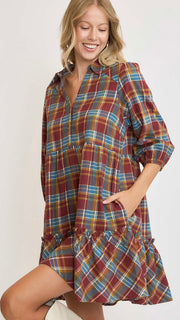 Cotton Plaid Flannel Ruffle Hem Dress