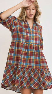 Cotton Plaid Flannel Ruffle Hem Dress