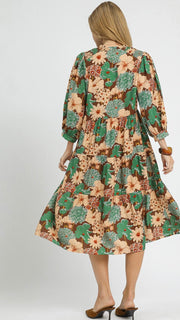 Mixed Floral Smock Shoulder Midi Dress
