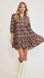 Cotton Plaid Flannel Ruffle Hem Dress