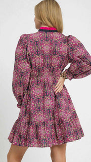 Medallion Print Ruffle Neck Dress