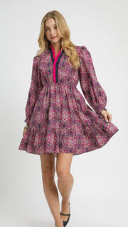 Medallion Print Ruffle Neck Dress