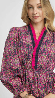 Medallion Print Ruffle Neck Dress