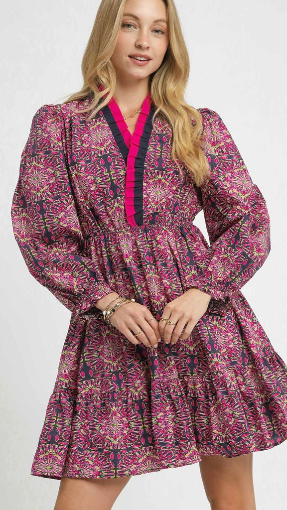Medallion Print Ruffle Neck Dress