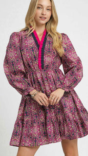 Medallion Print Ruffle Neck Dress