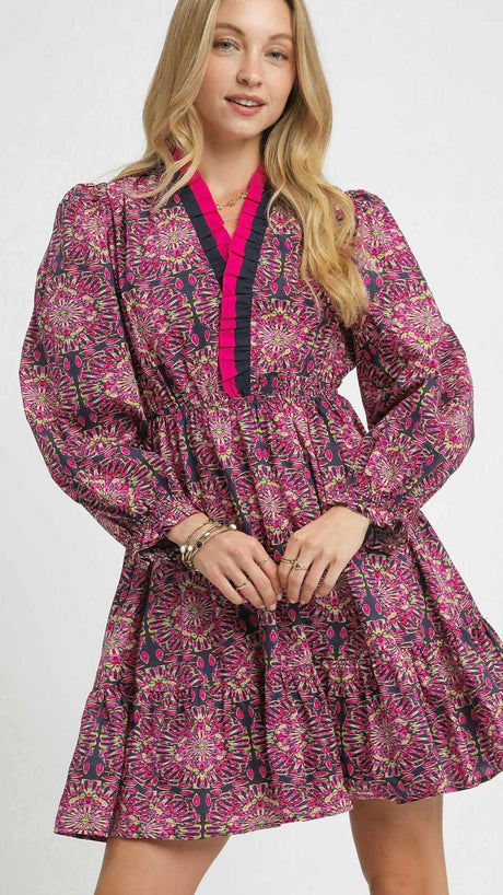 Medallion Print Ruffle Neck Dress
