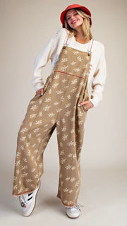 Floral Contrast Stitch Slouch Overalls