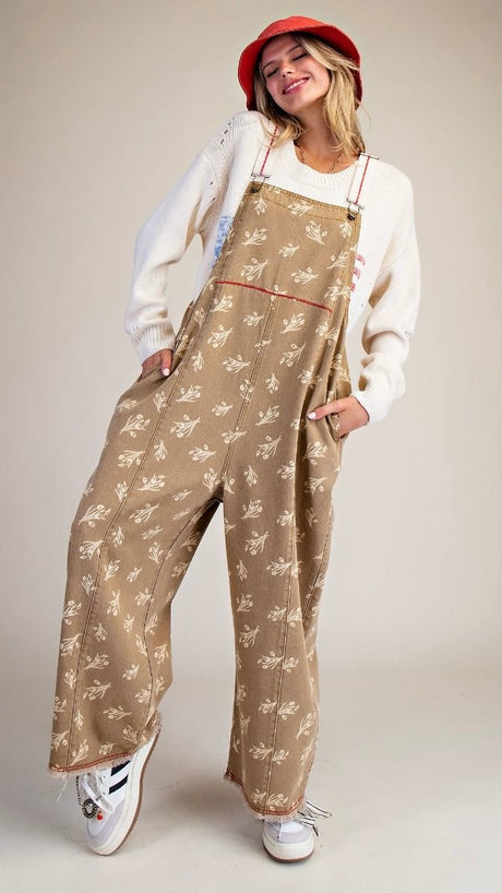 Floral Contrast Stitch Slouch Overalls