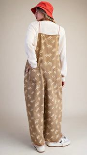 Floral Contrast Stitch Slouch Overalls
