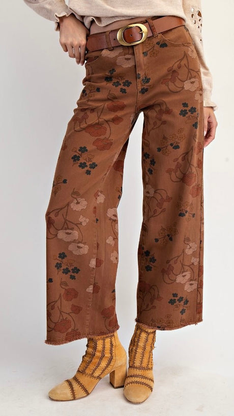 Washed Floral Print Wide Leg Jeans