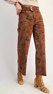 Washed Floral Print Wide Leg Jeans