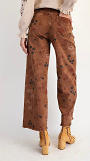 Washed Floral Print Wide Leg Jeans