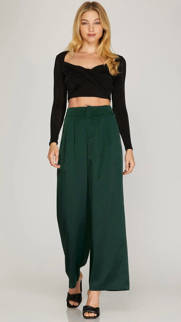 Pleat Front Satin Wide Leg Pants